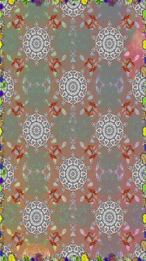 Gri ve bej renkli parlak çiçekli halı desenli..