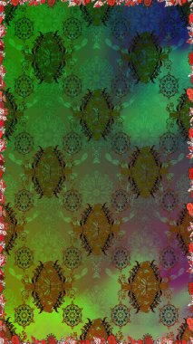 Çiçeksiz desenli, suluboya elle çizilmiş elementler. Parlak renkli fantezi çiçekleri, yapraklar, yeşil ve kahverengi renkli tomurcuklar yeşil ve kahverengi.