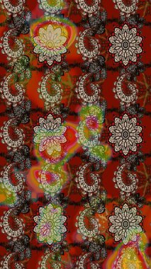 Raster illüstrasyonundaki çiçek desenli çizim. Düz Çiçek Elementleri Tasarımı. Renkli Bahar Teması eskiz kalıbı. Süslü kumaş deseni.