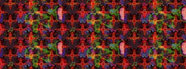 Moda baskıları için zarif bir şablon. Parlak renkli çiçekleri ve siyah ve kahverengi renkte yaprakları olan harika bir çiçek deseni. Halk tarzı. Modern çiçek arkaplanı.