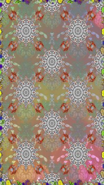 Raster Çiçek İllüstrasyonu 'nun şirin tekstili. Gri renkli etnik çiçeklerle kusursuz bir desen..