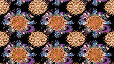 Birçok siyah ve kahverengi soyut çiçekli tropik, pürüzsüz bir desen. Küçük çiçekteki sevimli çiçek deseni. Varicoloblack ve kahverengi raster pürüzsüz çizim.