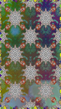 Tropik çiçekler. Tişörtsüz arka plan deseni. Yeşil ve gri renkte çiçekler.