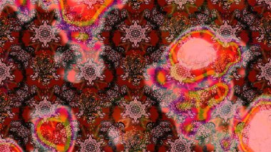 Moda baskıları için zarif bir şablon. Halk tarzı. Modern çiçek arkaplanı. Parlak renkli çiçekleri ve kahverengi ve pembe renkte yaprakları olan muhteşem bir çiçek deseni..