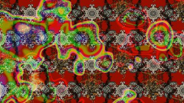 Çiçek desenli çizim. Kırmızı ve kahverengi renkte çiçekler. Asya tekstil tarzında. Raster illüstrasyonu. Raster illüstrasyonu.