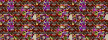 Üzerinde gelincikler ve vadi zambakları olan renkli çiçek desenli nakış deseni. Tekstil tasarımı için kırmızı ve kahverengi renkli geleneksel halk çiçekleri..