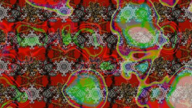 Suluboya elle çizilmiş çiçek desenli eskiz deseni. Parlak renkli fantezi çiçekleri, yapraklar, kırmızı ve kahverengi renkli tomurcuklar, kırmızı ve kahverengi.