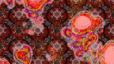 Moda baskıları için zarif bir şablon. Halk tarzı. Modern çiçek arkaplanı. Parlak renkli çiçekleri ve kahverengi ve pembe renkte yaprakları olan muhteşem bir çiçek deseni..