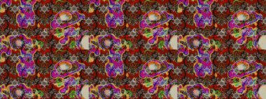 Üzerinde gelincikler ve vadi zambakları olan renkli çiçek desenli nakış deseni. Tekstil tasarımı için kırmızı ve kahverengi renkli geleneksel halk çiçekleri..