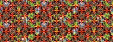 Halk tarzı. Modern çiçek arkaplanı. Parlak renkli çiçekleri olan ve kırmızı ve siyah renkte yaprakları olan harika bir çiçek deseni. Moda baskıları için zarif bir şablon.