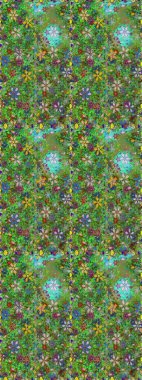 Moda baskıları için zarif bir şablon. Halk tarzı. Modern çiçek arkaplanı. Parlak renkli çiçekleri ve yeşil ve kahverengi renkte yaprakları olan şaşırtıcı, pürüzsüz çiçek deseni..