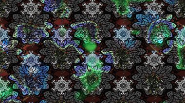 Çiçek desenli çizim. Siyah ve gri renkli Asya tekstili. Raster illüstrasyonu.