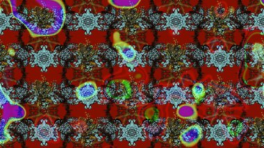 Eski usul. Raster illüstrasyonu. Renkli desenli eskiz deseni, kırmızı ve kahverengi çiçekler ve dekoratif elementler. Kumaş, tekstil, duvar kağıdı baskısı için. Taslak arkaplan.