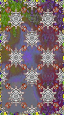 Çiçeksiz desenli, suluboya elle çizilmiş elementler. Parlak renkli fantezi çiçekleri, yapraklar, gri renkli tomurcuklar.