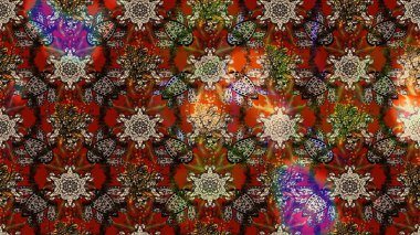 El çizimi çiçek unsurları olan soyut çizim raster deseni. Çiçekli ipek eşarp. Kahverengi ve bej üzerine kahverengi ve bej. 1950-1960 motifleri. Retro tekstil tasarım koleksiyonu.