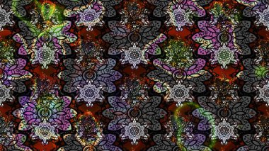 Süslü kumaş deseni. Renkli Bahar Teması eskiz kalıbı. Düz Çiçek Elementleri Tasarımı. Raster illüstrasyonunda çiçek deseni çizimi.