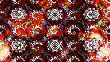 Raster illüstrasyonu. Çiçek süslemeli çizim deseni. Kahverengi ve kırmızı renkte çiçekler.