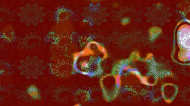 1950-1960 motifleri. Retro tekstil tasarım koleksiyonu. Çiçekli ipek eşarp. El çizimi çiçek unsurları olan soyut çizim raster deseni. Kırmızı ve kahverengi kırmızı ve kahverengi.