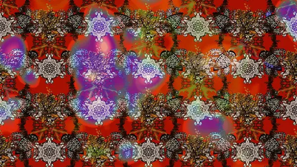 Halk tarzı. Parlak renkli çiçekleri ve kahverengi ve kırmızı renkte yaprakları olan harika bir çiçek deseni. Modern çiçek arkaplanı. Moda baskıları için zarif bir şablon.