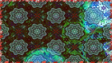 Çiçeksel elementlerle süslenmiş zarif raster dokusu. Kahverengi ve yeşil renkli, parlak çiçekli, soyut, pürüzsüz desen. Küçük çiçekte şirin bir çiçek deseni var..