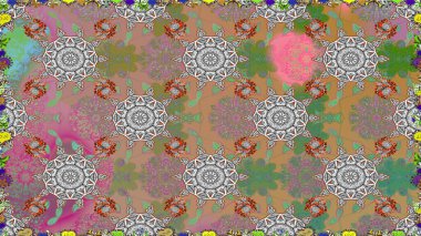 Kusursuz desenli, modaya uygun kumaş deseni. Renkli Bahar Temalı Kusursuz Arkaplan. Şirin çiçek elementleri. Raster illüstrasyonu. Düz Çiçek Elementleri Tasarımı.