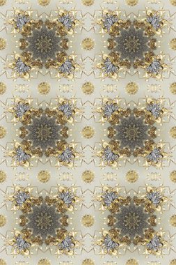 Geleneksel oryantasyon süsü. Klasik klasik klasik arka plan. Klasik raster sarısı, kusursuz desen. Gri, bej ve nötr renklerde altın elementlerle kusursuz desen.