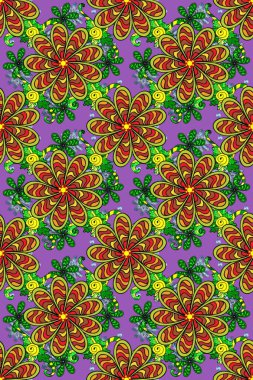 Raster düz çiçekleri pürüzsüz desen. Hediye ambalaj kağıdı, tebrik kartları, posterler ve pankart tasarımı. Yeşil, sarı ve mor renkli çiçekler.