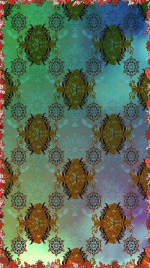 Renkli Bahar Temalı Kusursuz Arkaplan. Raster illüstrasyonu. Çiçekli, suluboya desenli kusursuz çiçek deseni. Düz Çiçek Elementleri Tasarımı. Yeşil renkte çiçekler.