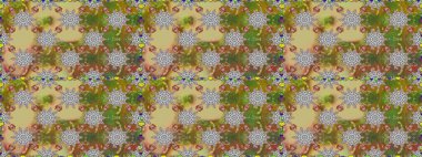 Düz Çiçek Elementleri Tasarımı. Renkli Bahar Temalı Kusursuz Arkaplan. Raster illüstrasyonunda kusursuz çiçek deseni. Kahverengi ve nötr renkte çiçekler.