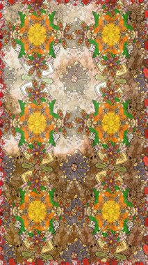 Renkli Bahar Teması eskiz kalıbı. Raster illüstrasyonu. Asya tekstil tarzında. Düz Çiçek Elementleri Tasarımı. Çiçek desenli çizim. Güzel kumaş deseni.