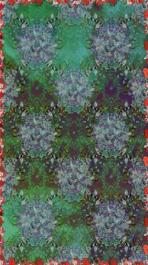 Soyut etnik raster kusursuz desen. Kabile sanatı boho baskısı, klasik çiçek arkaplanı. Arkaplan dokusu, duvar kağıdı, yeşil ve mavi renkli çiçek teması.