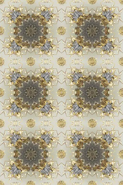 Geleneksel oryantasyon süsü. Klasik klasik klasik arka plan. Klasik raster sarısı, kusursuz desen. Gri, bej ve nötr renklerde altın elementlerle kusursuz desen.