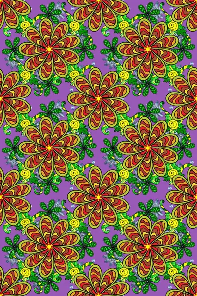 Raster düz çiçekleri pürüzsüz desen. Hediye ambalaj kağıdı, tebrik kartları, posterler ve pankart tasarımı. Yeşil, sarı ve mor renkli çiçekler.