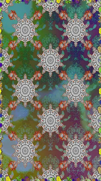 Raster illüstrasyonu. Çiçek buketleriyle klasik tarzda kusursuz desenler. Yeşil renklerde.