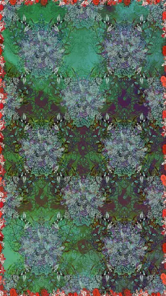 Soyut etnik raster kusursuz desen. Kabile sanatı boho baskısı, klasik çiçek arkaplanı. Arkaplan dokusu, duvar kağıdı, yeşil ve mavi renkli çiçek teması.