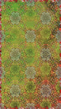 Raster deseni. Sanat, esinlenerek ve kahverengiye benzer çiçekler bırakır. Karalama çiçekleri kusursuz desen. Yeşil ve kahverengi el çizimi desen.