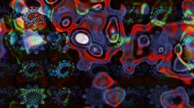 Çok renkli ve menekşe rengi zarif küçük çiçekler ve siyah ve mor renkli komik böcekler, raster desen, illüstrasyon.