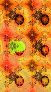 Raster deseni. Turuncu renklerde bahar çiçekleri. Raster illüstrasyonu. Patlayan çiçekler soyut yerleştirilmiş.