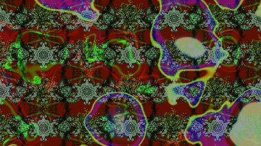 Raster illüstrasyonu. Yeşil ve kırmızı renklere karalamalar çizilmiş çiçek deseni.