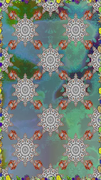 Gri ve yeşil renkli çiçekler. Raster illüstrasyonu. Raster illüstrasyonu. Kusursuz çiçek deseni. Asya tekstil tarzında.