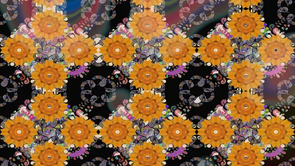 Raster illüstrasyonu. Raster illüstrasyonundaki çiçek desenli çizim. Turuncu renklerde. Güzel kumaş deseni.