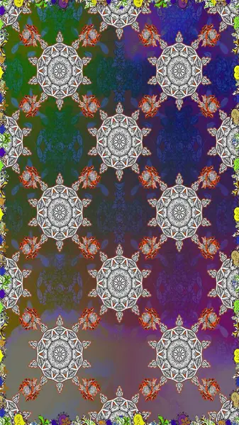 Parmak izi, kumaş, duvar kâğıdı, tekstil için raster dokusu. İşlemeli çiçekli, dikişsiz desen. Renkli grunge soyut arkaplanı Cologray ve kahverengi çiçeklerle zenginleştirir.