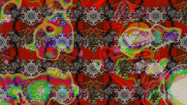 Çok kahverengi ve kırmızı zarif küçük çiçekler ve kahverengi ve kırmızı renkli komik böcekler, raster desen, illüstrasyon.