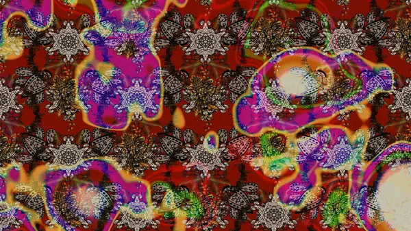 Üzerinde gelincikler ve vadi zambakları olan renkli çiçek desenli nakış deseni. Tekstil tasarımı için kırmızı ve kahverengi renkli geleneksel halk çiçekleri..