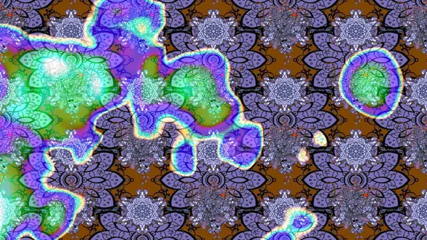 Mor ve mavi zarif küçük çiçekler ve menekşe ve mavi renklerdeki komik böcekler, raster desen, illüstrasyon.