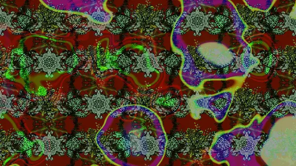 Raster illüstrasyonu. Yeşil ve kırmızı renklere karalamalar çizilmiş çiçek deseni.