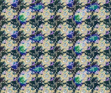 Raster illüstrasyonu. Şirin çiçekli eskiz deseni ve mavi renkli yapraklar, suluboya çiçek deseni, duvar kağıdı, kart veya kumaş için fayanslı.