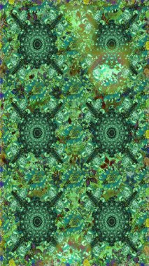 1950-1960 motifleri. El çizimi çiçek unsurları olan soyut, dikişsiz raster deseni. Yeşil ve mavi, yeşil ve maviye. Retro tekstil tasarım koleksiyonu. Çiçekli ipek eşarp..