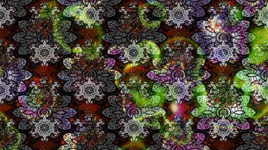 Çiçek desenli çizim. Asya tekstil tarzında. Düz Çiçek Elementleri Tasarımı. Raster illüstrasyonu. Güzel kumaş deseni. Renkli Bahar Teması çizim şablonu.