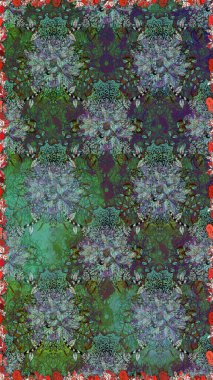 Raster hisseleri. Kusursuz bir arka plan modeli. Çiçekler yeşile ve griye. Suluboya, elle çizilmiş.